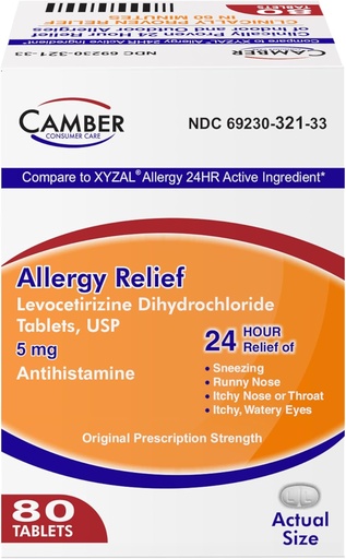 [BRSWYAQNCMPAGHTB] Camber Consumer Care Levocetirizine Dihydrochloride 5mg Antihistamine Tablets, Confronta Xyzal Active Ingredient, Allergy Relief Medicine (80 Conte)