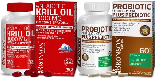 [BRSWYZQBB4JQ2GTA] Bronson Probiotic 50 Billion CFU + Prebiotic with Apple Polyphenols & Pineapple Fruit Extrac Antarctic Krill Oil 1000 mg with Omega-3s EPA DHA