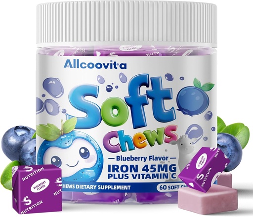 [BRSRAHYCAF4BMAY6] Iron Soft Chews Supplement with Vitamin C | Blueberry Flavored | Gluten Free | Iron Supplement for Women Men and Kids | 60 Count | 2 Month Supply