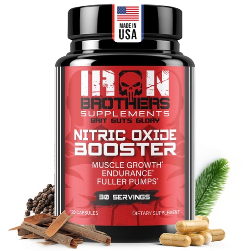[BRSWYEAPAUBWGE3U] Iron Brothers Nitric Oxide Supplement - 1980mg Triple-Action Formula | Pre-Workout for Muscle Pump, Blood Flow & Endurance | L-Arginine, L-Citrulline, Pine Bark | 120 Vegan Capsules (30 Servings)