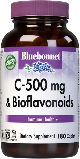[BRSWIYY3BYFBSCYZ] Bluebonnet Nutrition C-500 mg Plus Bioflavonoids Caplets, Vitamina C 500 mg, Citrus Bioflavonoids 250 mg, para Immune Health, Soy Free, Gluten Free, Non-GMO, Kosher, Dairy Free, Vegan, 180 Caplets