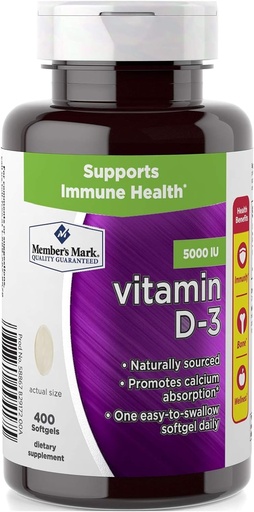 [BRSWKHDYDEBWA3T3] Birsppy Member's Mark Vitamin D-3 5000 UI Suplemento dietético (400 Conde)