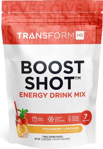 [BRSRMCAPCANQEHQ6] TransformHQ Boost Shot Powder Drink Stick Packets, Strawberry Lemonade, 7 Pack, Energia kiegészítők nők és férfiak, koffein, B12-vitamin, B9, B6 és B3