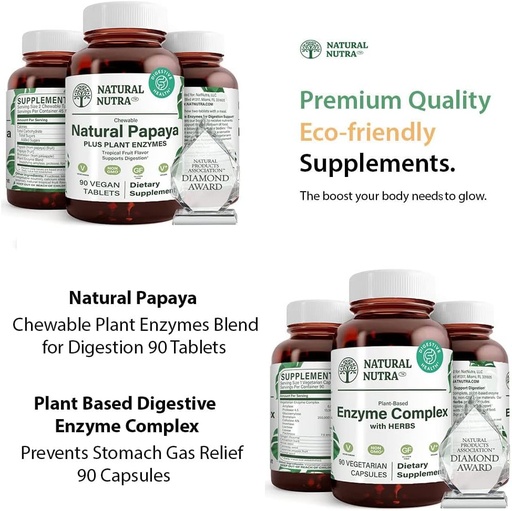 [BRSRMAI3OYBWKYI3] Natural Nutra Papaya Chewable Plant Enzymes Blend for Digestion 90 Chewable Vegan Tablets and Plant Based Digestive Enzyme Complex with Herbs 90 Vegan Capsules for Digestion, Prevents Stomach.