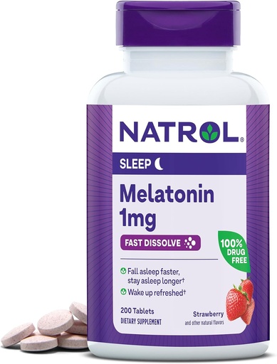 [BRSWGAL4DMFR4DY2] Natrol Fast Dissolve Melatonin 1 mg, Suplementos para el descanso, el sueño para adultos, 200 tabletas de melatonina sabor a fresa, hasta un suministro de 200 días
