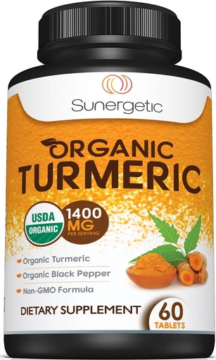 [BRSWGEINCIORMDYV] USDA Certified Organic Turmeric Supplement - Inkluderar organisk gurkmeja & Organic Black Pepper - 1,400 mg gurkmeja per portion - 60 greve av 1)