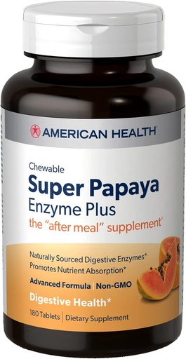 [BRSWIY3YAR4W2FLO] American Health Super Papaya Enzyme Plus - 180 Chewable Tablets - The After-Meal Supplement - Non-GMO - 60 Servings