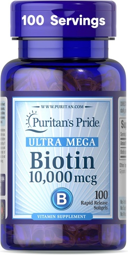 [BRSWI2QPB5YR6CTM] Puritan Pride Premium Ultra Mega Biotin 10 000mcg, Diett Supplement for sunn hår, hud, negler og energimetabolisme støtte, 100 dagers forsyning, 100 Rapid Release Softgels