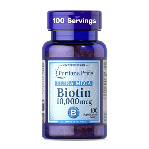 [BRSWI2QPB5YR6CTM] Puritan's Pride Premium Ultra Mega Biotin 10,000mcg, Dietary Supplement for Healthy Hair, Skin, Nails, and Energy Metabolism Support, 100 Day Supply, 100 Rapid Release Softgels