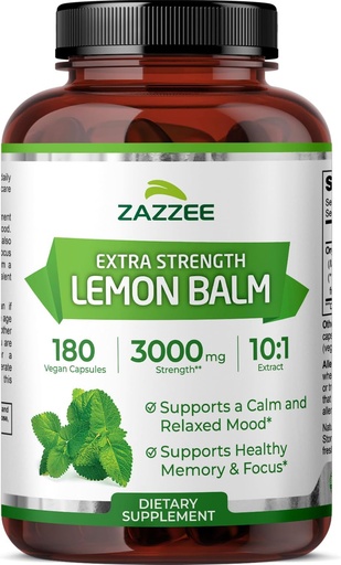 [BRSWGBQ6BMDQ4DTZ] Zazzee Organic Lemon Balm 10:1 Extract, 3000 mg Strength per Capsule, 180 Vegan Capsules, 6 Month Supply, Standardized and Concentrated 10X Extract, 100% Vegetarian, All-Natural and Non-GMO