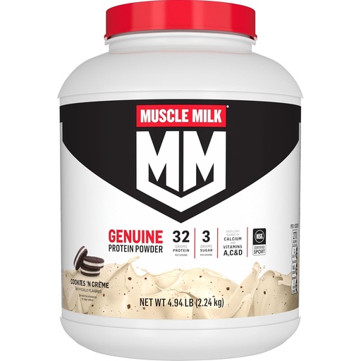 [BRSWIY34CINAG3LC] Muscle Milk Genuine Protein Powder, Cookies 'n Crème, 4.94 Pound, 32 Servings, 32g Protein, 2g Cukr, vápník, vitaminy A, C & D, NSF Certified for Sport, Energizing Snack, Balení květen Vary