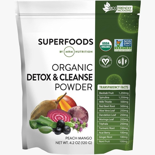 [BRSWECQRBEAQI3L7] MRM Organic Detox and Cleanse Powder - For Women & Men - Daily Drink Mix with Superfoods, Antioxidants, Chlorophyll, Phycocyanin, Vegan, Organic, Gluten-Free, Peach Mango Flavor - 15 Servings