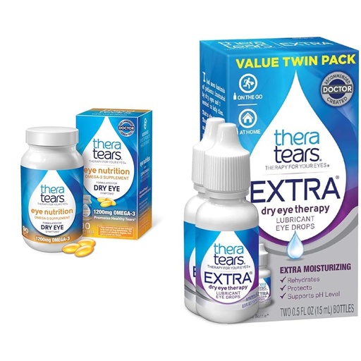 [BRSROBQEBB6RSDI2] TheraTears Omega 3 Supplement, 1200mg, 90 ct (Pack of 1) & Extra Dry Eye Therapy Lubricating Eye Drops for Dry Eyes, 0.5 fl oz Bottle, 2 Count
