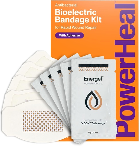 [BRSROBAFC55AYETF] PowerHeal Bioelectric Bandage Kit for Wound Care & Fast Healing – 3-Layers w/Bioelectric Pad, Absorbent Pad, Adhesive + Wound Hydrogel – for Cuts, Abrasions, Blisters, Burns – 5-Pack, 2.3" x 3.5"