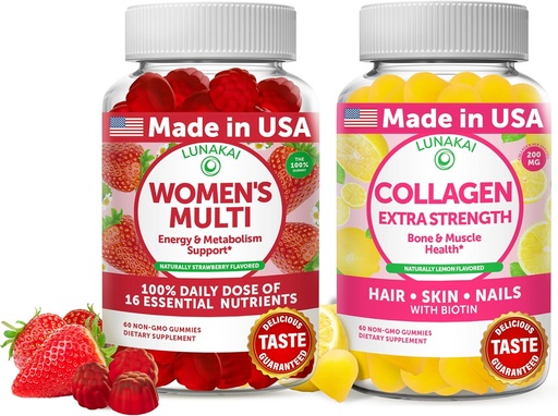 [BRSRO2QTAF7RQCLP] Lunakai Womens Multi and Collagen Gummies Combo - All- Natural Supplements, Gluten- Free, No Corn Syrup 60 ct Collagen i 60 ct Women 's Multivitamin - 30- Day Supply