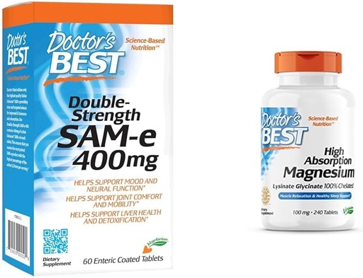 [BRSROBQEBMBAMFDL] Doctor's BEST SAM-e 400 mg, Vegan, Gluten Free, Soy Free, Mood and Joint Support, 60 Enteric Coated & High Absorption Magnesium Glycinate Lysinate, 100% Chelated, Non-GMO, Vegan, Gluten