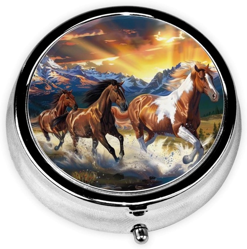 [BRSRAH34CEMAGALK] Running Horses Printed Round Pill Organizer with 3 Compartments, Portable Mini Pill Box Pill Case for Medicine, Vitamin, Fish Oil, Supplements