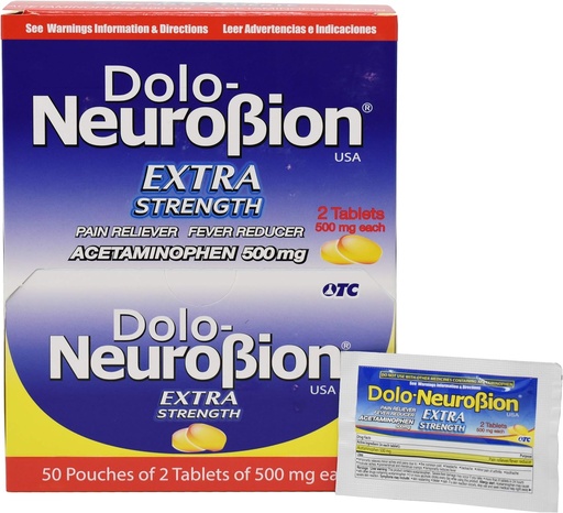 [BRSWGFIQOEPAIYLZ] Neurobion Dolo Pain Reliever, Fever Reducer, Extra Strength, Fuerte, Alivia el Dolor, Reduce la Fiebre Dispenser 50 x 2 Tablets