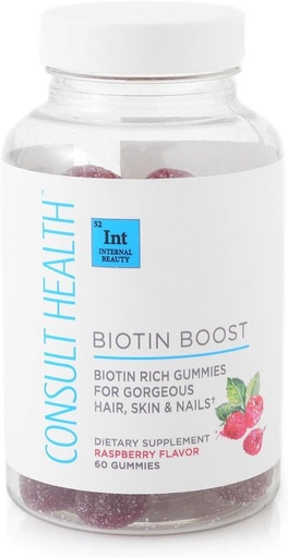 [BRSW2EL6CVYROHL7] Consultez Santé BIOTIN Boost Gommies pour les cheveux, la peau et les ongles - 10 000 mcg - Vitamine végane B complément alimentaire - Soutient la croissance rapide des cheveux et des ongles - Arôme framboise - Carotte noire - 60 Compte