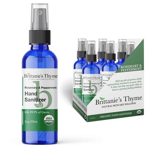 [BRSWY2Y7PIMB43Y6] Brittanie's Thyme Organic Travel Hand Sanitizer Spray, Rosemary & Peppermint 2oz 6 Count | Vitamin E Aloe Moisturizing | Non Greasy & Replenishes Moisture & Nourishes Skin