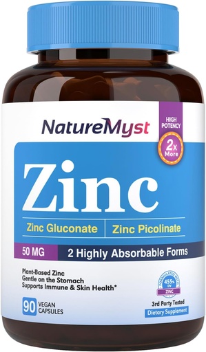 [BRSROEIKDN4B6CT6] Zinc, Highly Absorbable Zinc Gluconate & Zinc Picolinate, 50 mg of Elemental Zinc, Gentle on The Stomach, Immune, Cell & Skin Health, 90 Vegan Caps