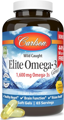 [BRSWYYY7CQPBGGTX] Carlson - Elite Omega-3 Gems, 1600 mg Omega-3 Fatty Acids 包括环保局和DHA,挪威,Wild-Caught鱼油补充品,可持续来源Omega 3鱼油盖,柠檬,130软胶