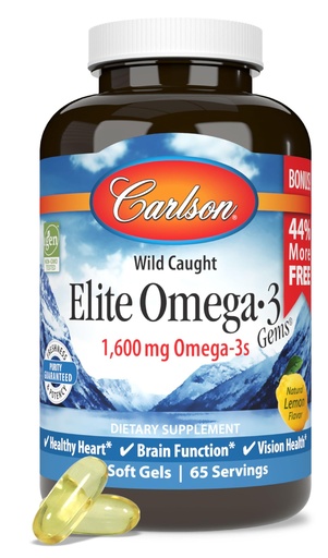 [BRSWYYY7CQPBGGTX] Carlson - Elite Omega-3 Gems, 1600 mg Omega-3 Fatty Acids Including EPA and DHA, Norwegian, Wild-Caught Fish Oil Supplement, Sustainably Sourced Omega 3 Fish Oil Capsules, Lemon, 130 Softgels