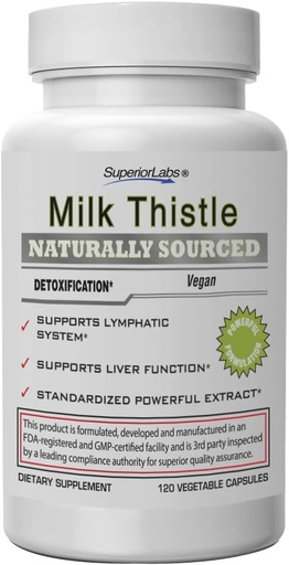 [BRSWIBD4BEAA4CTU] Labs superiores Milk Thistle NonGMO - 80% Silymarin Flavonoids - potente fórmula para fígado saudable, Kidney, Detox e función, enerxía - 250mg 4:1 Extraendo 1.000 mg, 120 cápsulas vexetais