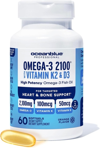 [BRSRMYD2A4IBEDLO] Oceanblue Professional Omega-3 2100 con vitamina K2 y vitamina D3-60 Conde - Triple Strength Burples Fish Oil Omega-3 Suplemento con EPA, DHA &amp; DPA - Wild Caught - Orange Flavor, 30 Servimientos