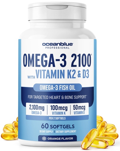 [BRSRMYD2A4IBEDLO] Oceanblue Professional Omega-3 2100 with Vitamin K2 and Vitamin D3-60 Count - Triple Strength Burpless Fish Oil Omega-3 Supplement with EPA, DHA & DPA - Wild Caught - Orange Flavor, 30 Servings