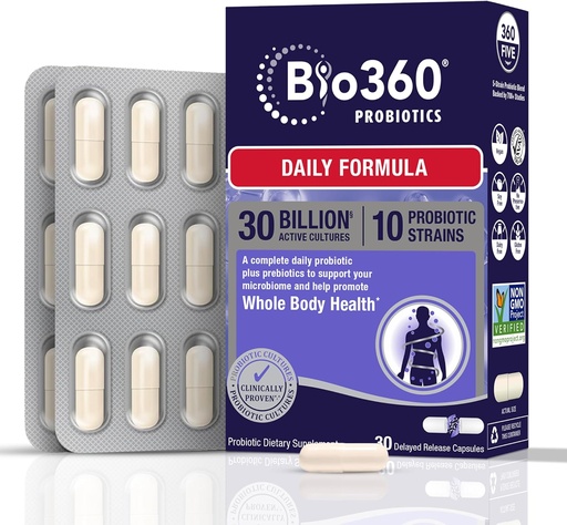 [BRSWYHYLOQDQOCAV] Bio360 Adult Daily Probiotic Supplement for Women & Men, 30 Billion CFU, 10 Strains, Organic Prebiotic Fibers, Digestive & Immune Health, Occasional Constipation, Diarrhea, Gas & Bloating, 30CT