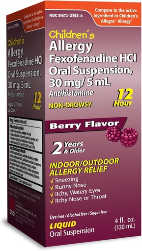 [BRSROAALBAFWMCT3] TARO Children's 12HR Allergy Relief Non-drowsy Antihistamine Liquid, Berry Flavor, Alcohol-Free, Dye-Free & Sugar Free, Fexofenadine HCl (4 oz)