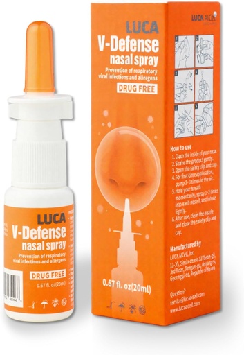 [BRSROYD3OB7BA2D4] Vaporisateur nasal LUCA V-DefenseTM avec lambda Carrageenan, le menthol et l'eucalyptol – anti-congestion nasale sans drogue – Hydratant les passages nasaux et réduisant l'adhésion aux contaminants – 0,67 fl oz (200 sprays)