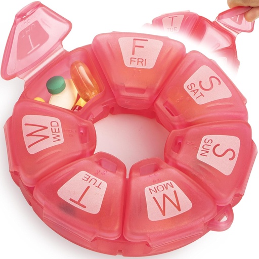[BRSRMFLROAHAEGTA] Round Weekly Pill Organizer, TPU Rubberized, Travel Pill Container 7 Day, with 7 Large Compartments, Great for Daily Vitamins & Supplements, Cute Pill Case with Large Letters and Braille (Rose)
