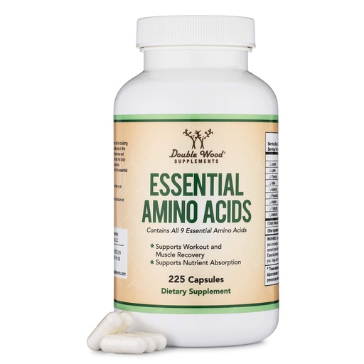 [BRSWYZT5BAOQEA3D] Essential Amino Acids - 1 Gram Per Serving Powder Blend of All 9 Essential Aminos (EAA) and All Branched-Chain Aminos (BCAAs) (Leucine, Isoleucine, Valine) 225 Capsules, Gluten Free by Double Wood