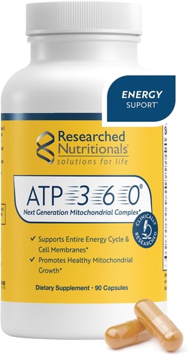 [BRSROYA6CUGRM23B] Researched Nutritionals ATP 360 - Mitochondrial Supplements to Support Entire Energy Cycle & Cell Membranes - Clinically Researched ATP Supplements, High Dose CoQ10, R-Lipoic Acid & PQQ, 90 Capsules