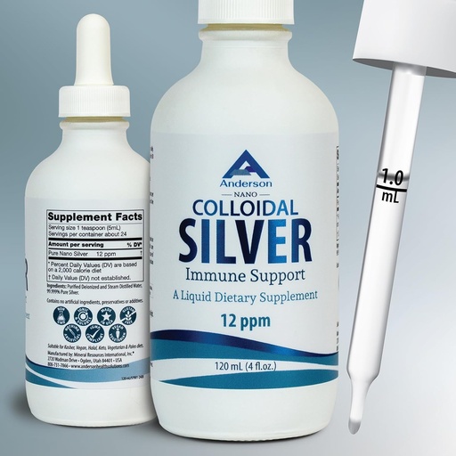 [BRSRAZT2AUHBGCDX] Nano Colloidal Silver Liquid for Immune Support, 12 PPM Deionized Silver, 4 Oz Glass Bottle with Measuring Dropper, 24 Servings
