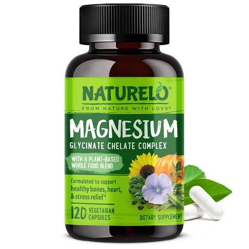 [BRSWGFL3AEGWAHYU] NATURELO Magnesium Glycinate Chelate Complex - 200 mg Magnesium with Organic Vegetables to Support Sleep, Calm, Muscle Cramp & Stress Relief - Gluten Free, Non GMO - 120 Capsules
