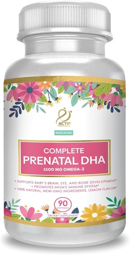 [BRSRAFL6B4FWEA3F] ACTIF Complete Prenatale DHA met 1500mg Omega-3, 100% Natural, Organic DHA, EPA, niet-GMO, 90 Tel.