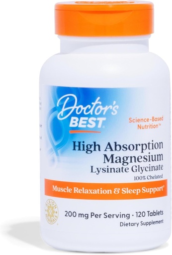 [BRSWIY34OIHGYFIV] Doctor 's Best High Absorption Magnesium Glycinate Lysinate Supplement - 100% Chelated for Maximum Absorption - Magnesium til søvn og muskelafslapning - 200 Mg Per Servering - 120 tabletter