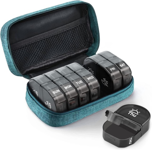 [BRSW2HYQOQNWOCL2] AUVON Canvas Bag Travel Pill Organizer 2 Times a Day, Large AM/PM Weekly Pill Box 7 Day Pill Case with Portable Cyan Zipper Cloth Bag for Holding Supplements, Vitamins and Fish Oils