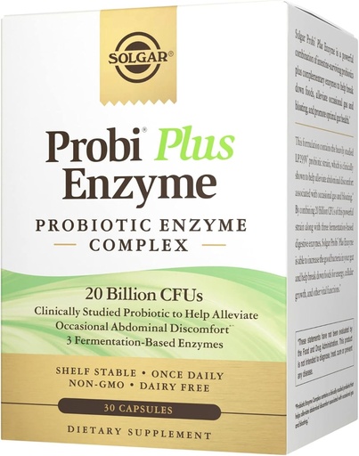 [BRSW2BQLDEIAEH3H] Solgar Probi Plus Enzyme Complex, 30 Capsules - 20 Billion CFU Probiotic Plus Enzymes - Once Daily - Clinically-Studied to Alleviate Occasional Gas & Bloating - Non-GMO & Dairy Free, 30 Servings