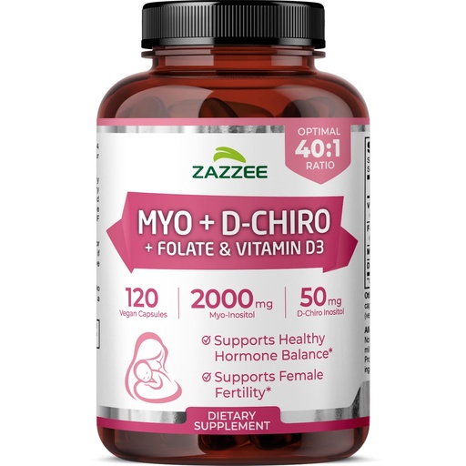 [BRSWGAQOOZ6R6C3A] Zazzee Myo & D-Chiro Inositol Ideal 40:1 Ratio with Vitamin D3 & Folate, 120 Vegan Capsules, Hormonal Balance & Cycle Support for Women, Women’s Health Supplement, Non-GMO, Made in the USA