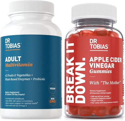 [BRSRAYAPBYPA2YD4] Dr. Tobias Adult Multivamin & Apple Cider Vinegar Gummies, Supports Energy, Immunity & Gut Health, with 42 Fruits & Vegetables Plus Probiotics, Cludes The Mother, FOlate, B12