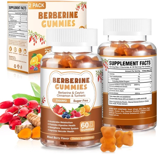 [BRSRAGD4OEDRA3YY] 120 Count Berberino ekstraktas Gummies 2000mg Natural Organic Berberino ekstraktas HCI priedas su Ceilonas Cinnamon Turmeric moterims remti Digestive Immune System Metabolizmas Mišrus berry skonio