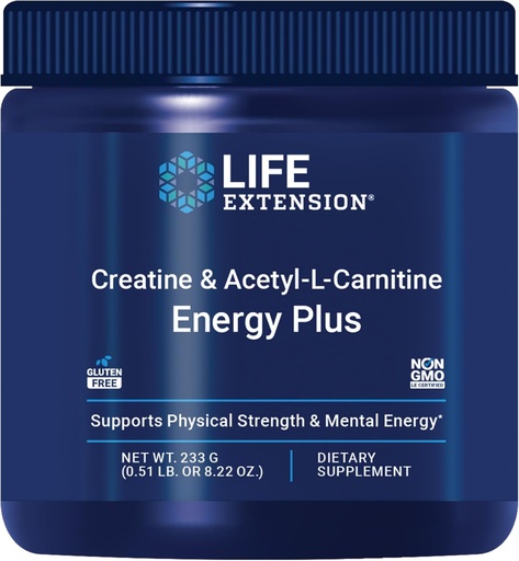 [BRSRAEIFCEDQO2T2] Life Extension Creatine Acetyl-L-Carnitine Energy Plus, Energy Support Supplement, creatine monohydrate, Acetyl-L-carnitine, Gluten-Free, Non-GMO, Vegetarian, 30 Servings