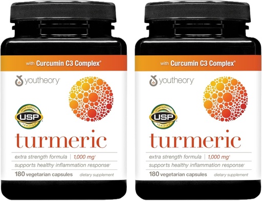 [BRSWGFQFCN4GYYA4] Youtheory Turmeric Extra Strength - 1,000 mg - Supports Muscle & Joint Health* - Contains Bioenhancers, Curcuminoids & Herbal Extracts - USP Verified - 180 Vegetarian Capsules, 2 Pack (180-Day Supply)