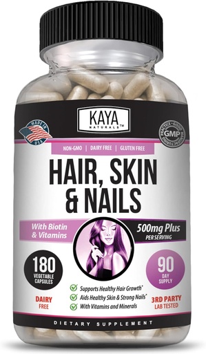 [BRSRAHYPAQFAAGQ3] Kaya Naturals Hair Skin Nail Capsules BIOTIN Vitamin D Vitamin B-12 A Folic Acid Support, Hair Support Vitamin supplement - 180 count