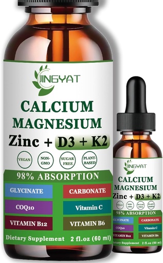 [BRSROAAZCUBGGHLD] Calcium Magnesium Zinc Liquid Drops, Liquid Magnesium Glycinate 500mg Calcium 1000mg with Vitamin D3,K2,B6,B12,Coq10 for Bone Strength, Muscle Function,6X Stronger Than Gummies Capsules