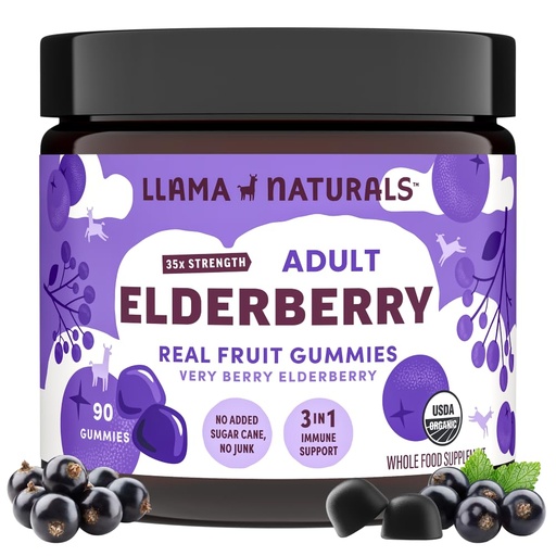 [BRSWYED2BUGRSYLH] Llama Naturals Elderberry Gummies for Adults, Vegan, Organic Immune Support Supplement with Vitamin C and Zinc, Real Fruit Gummy Vitamins for Immunity, Chewable, No Added Sugar Cane, 90 Ct